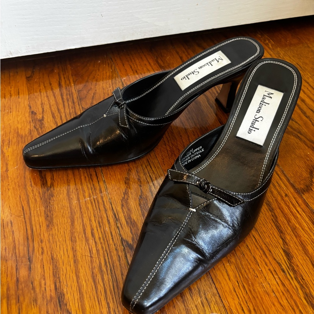 Madison Studio Black Leather Pointed-Kitten Heel Mules